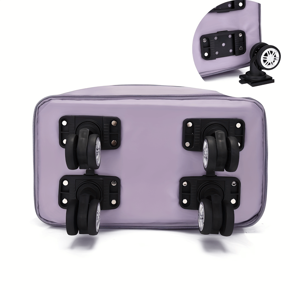 Underside view of a purple foldable luggage bag showing four wheels and a zoomed inset of one wheel.