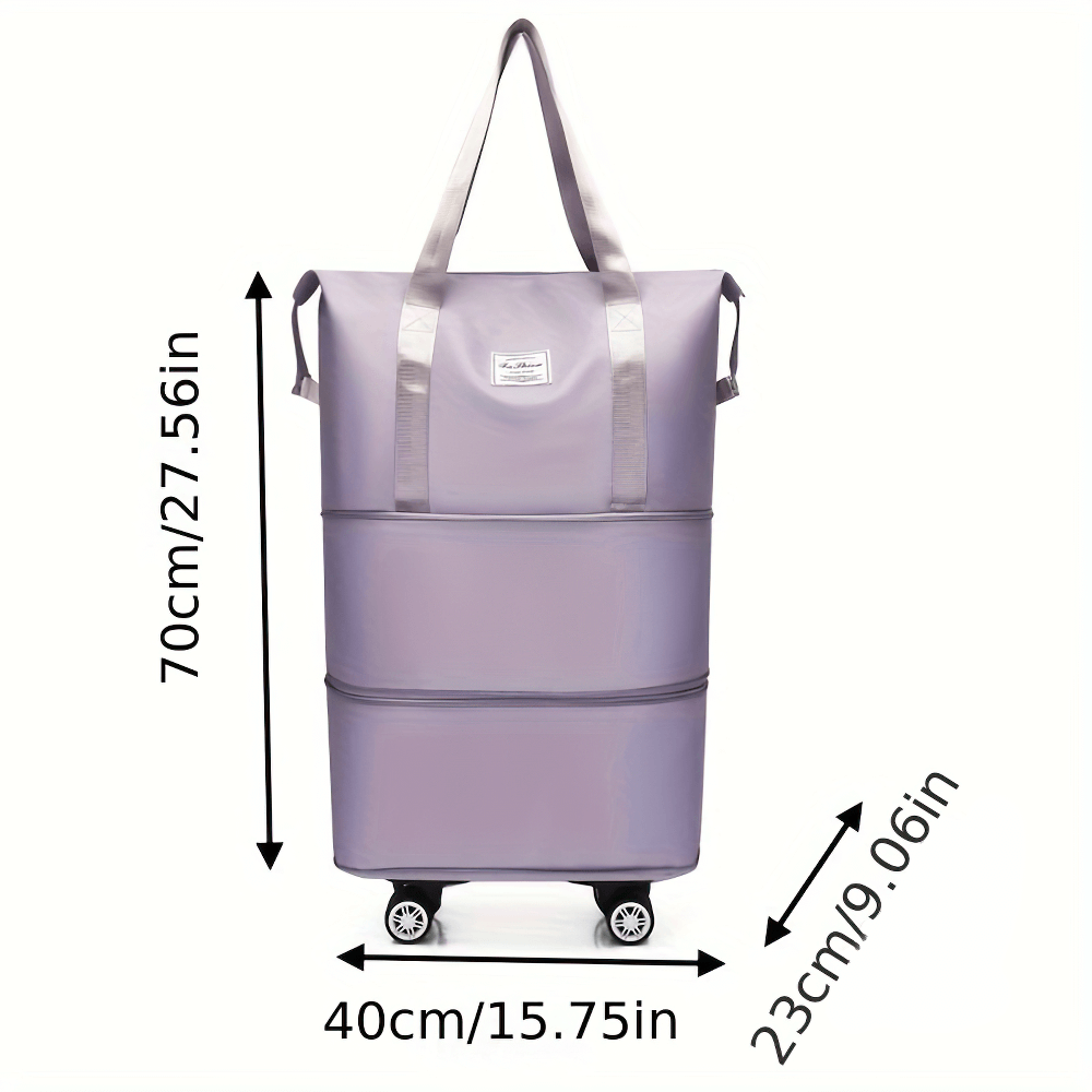 Portable foldable travel luggage bag with wheels, lightweight and expandable. Ideal for travel with secure buckle and zipper closures.