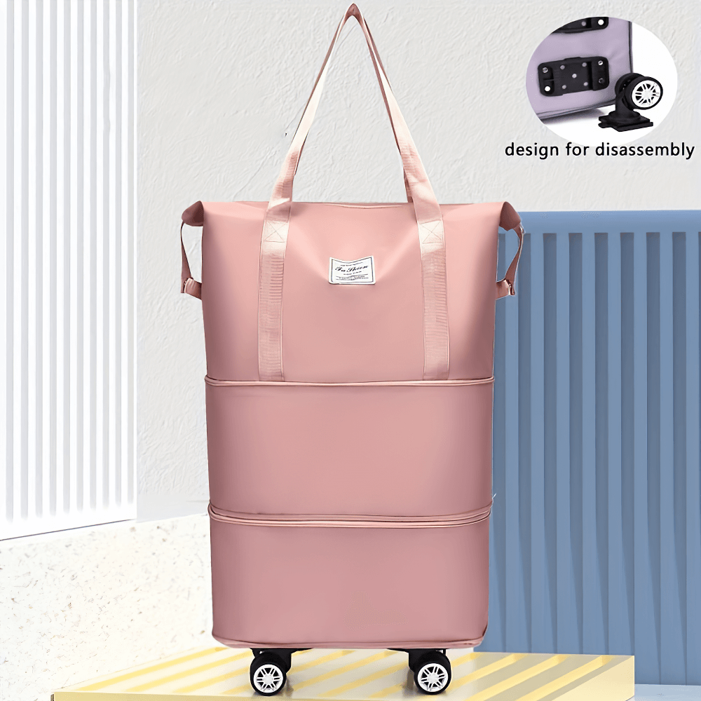 Pink portable foldable travel luggage bag with wheels and expandable storage, crafted from durable polyester, ideal for versatile use.