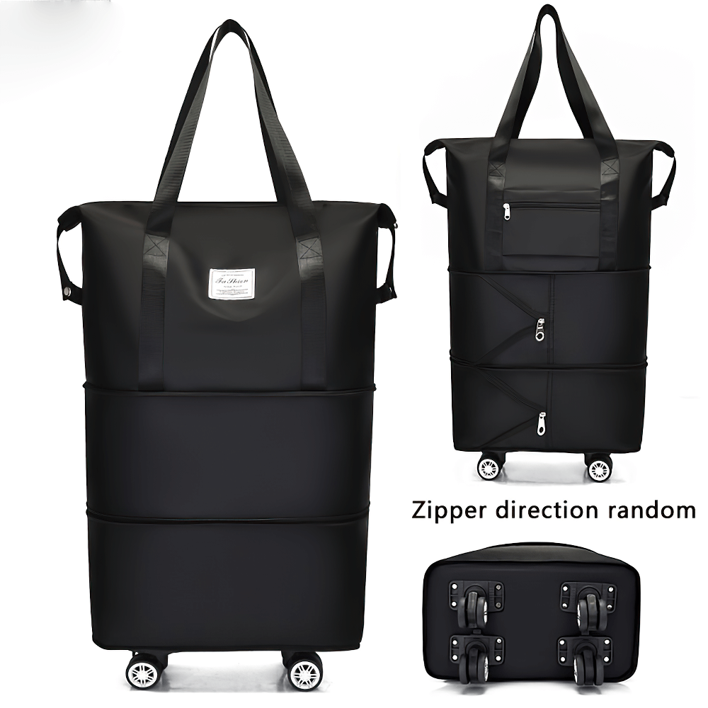 Portable foldable travel luggage bag with wheels SF2671, black, showcasing expandable storage and zipper closures for secure packing.