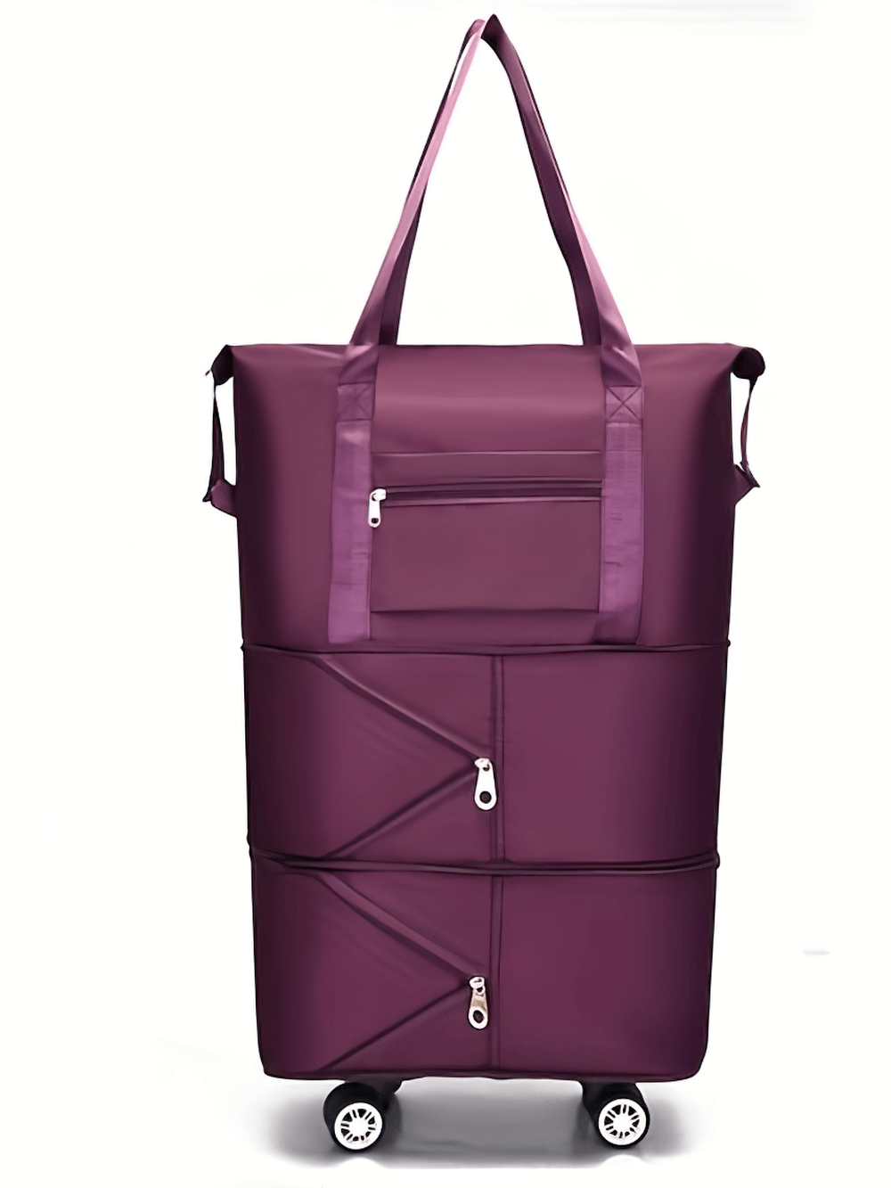 Portable foldable purple luggage bag with wheels and expandable storage, ideal for travel. Model SF2671.