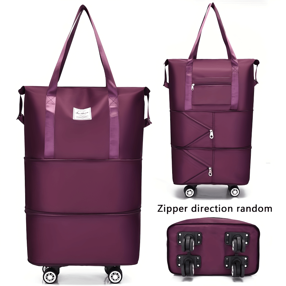 Foldable travel luggage bag with wheels, expandable storage, and secure closures, designed in vibrant purple.