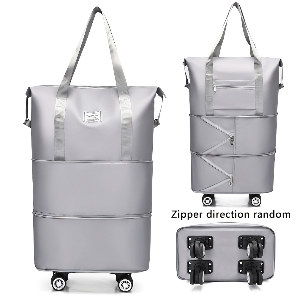 Portable foldable travel luggage bag SF2671 with wheels and expandable storage, shown in various positions.