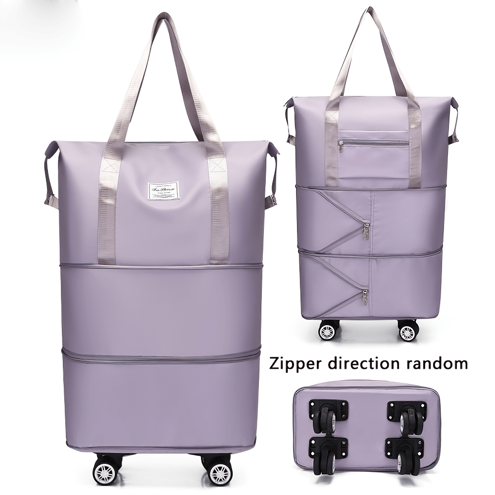 Portable foldable travel luggage bag with wheels, lavender, featuring expandable storage and zipper closure, ideal for casual and sports use.