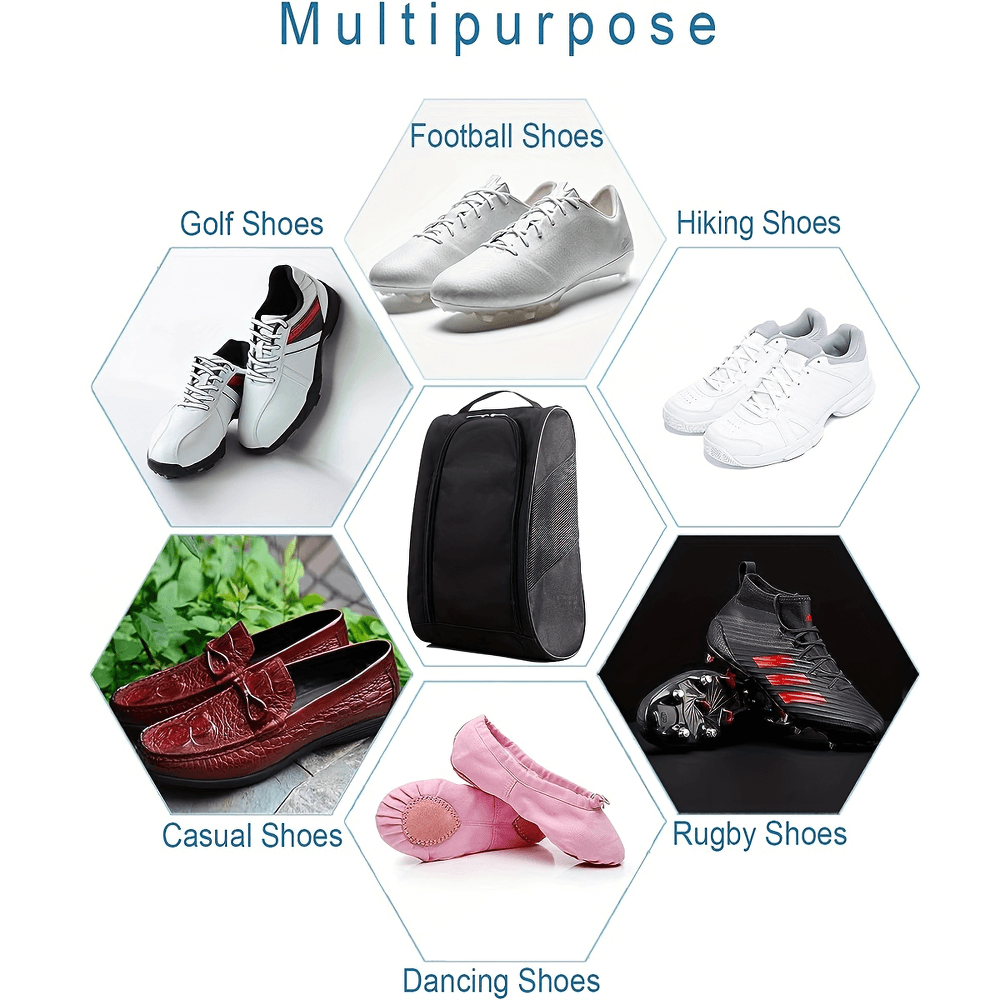 Hexagon layout showcasing multipurpose shoe carrier with golf, football, hiking, casual, rugby, and dancing shoes.