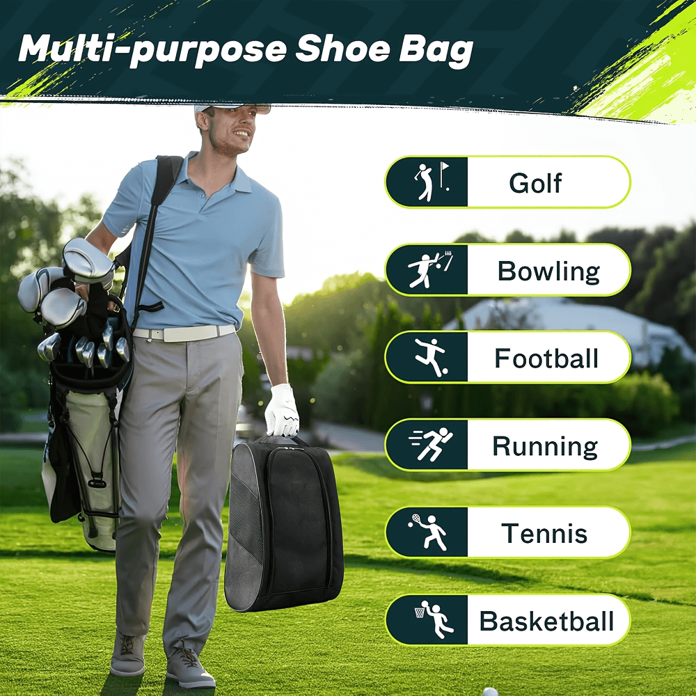 Golfer carrying multi-purpose shoe bag for sports like golf, bowling, football, and more on a sunny day.