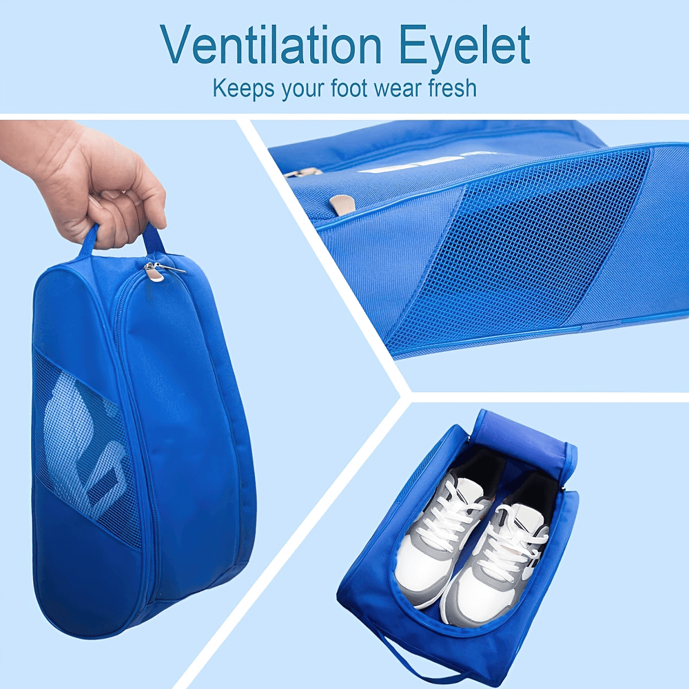 Blue portable footwear carrier with ventilation eyelet and shoes inside, showcasing functionality and design for travel storage.