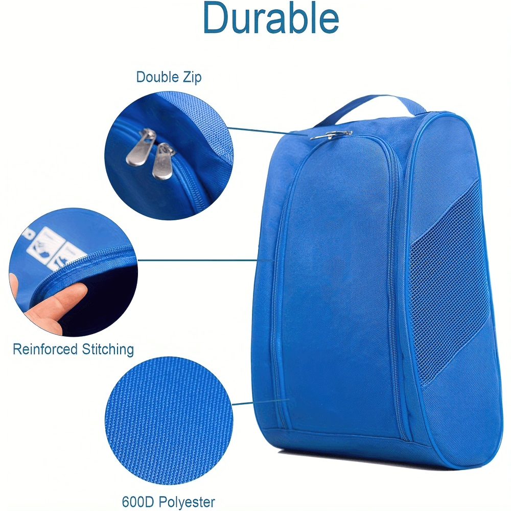 Blue portable footwear carrier with double zip, reinforced stitching, and durable 600D polyester.