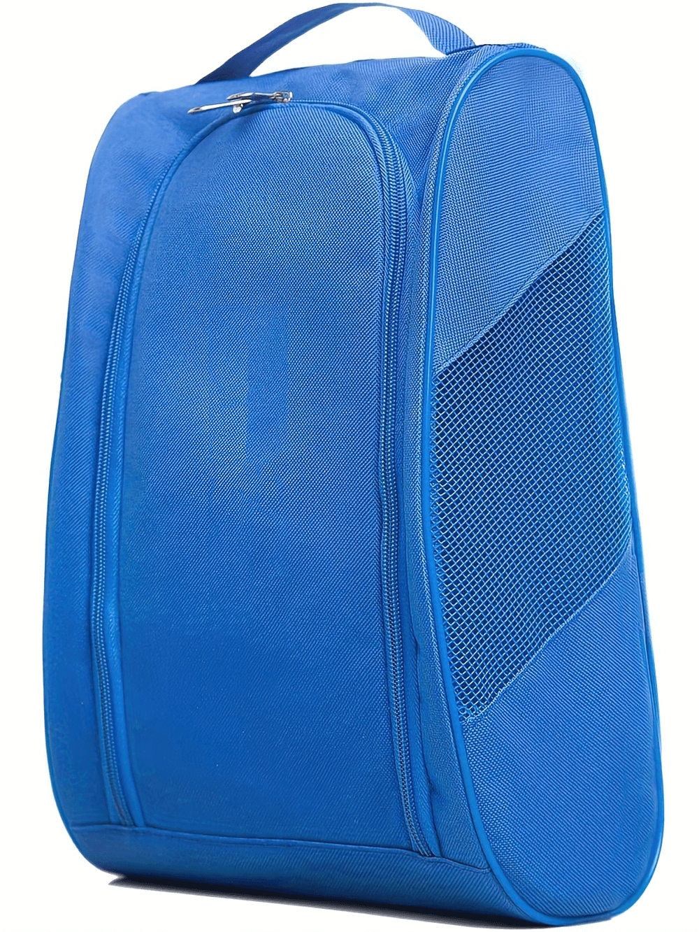 Blue portable shoe storage bag with zipper closure, ideal for travel and organization, featuring mesh panels and a handle.