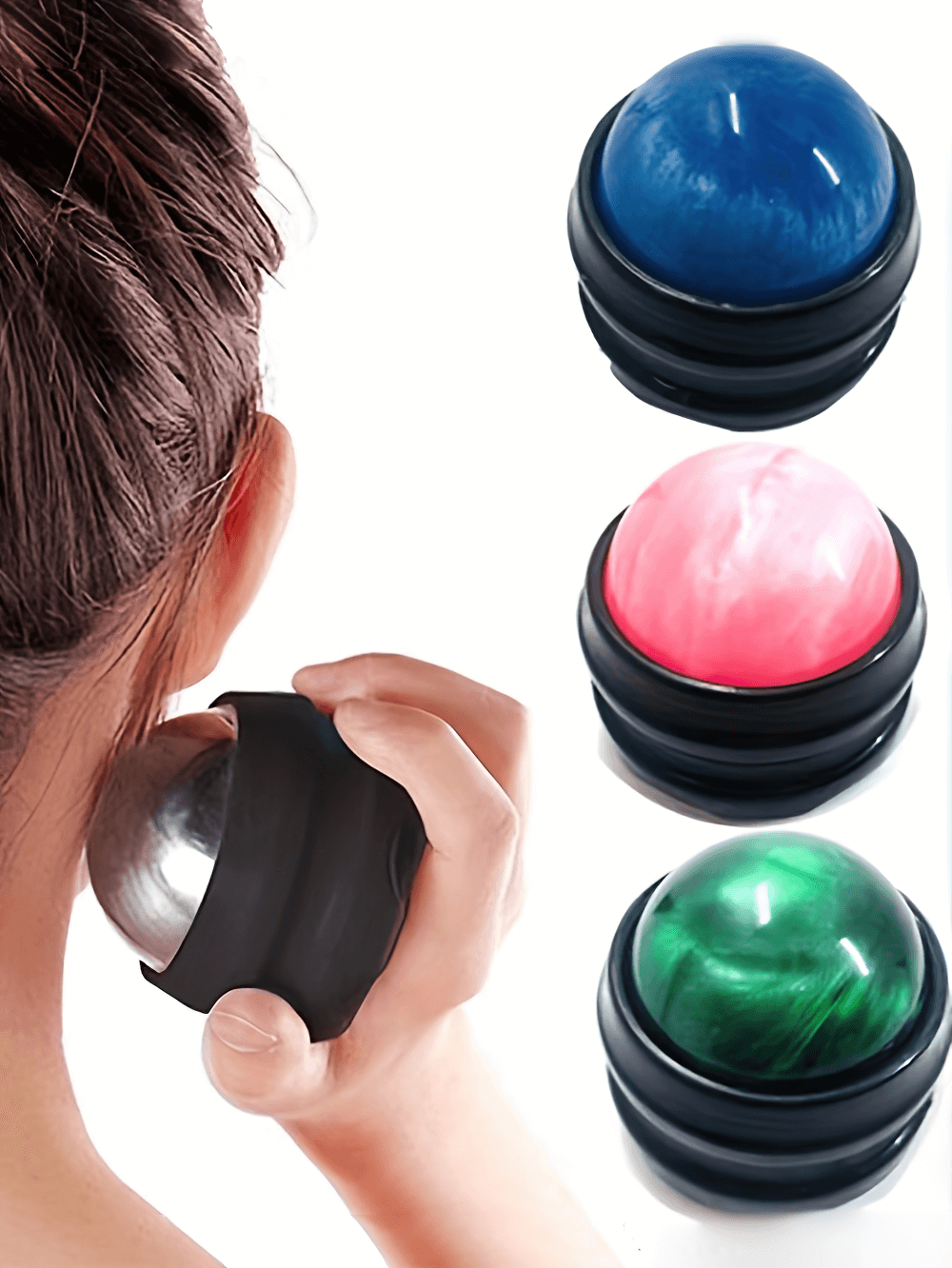 Person using Portable Handheld 360° Rolling Massage Ball in various colors for muscle relief and relaxation.