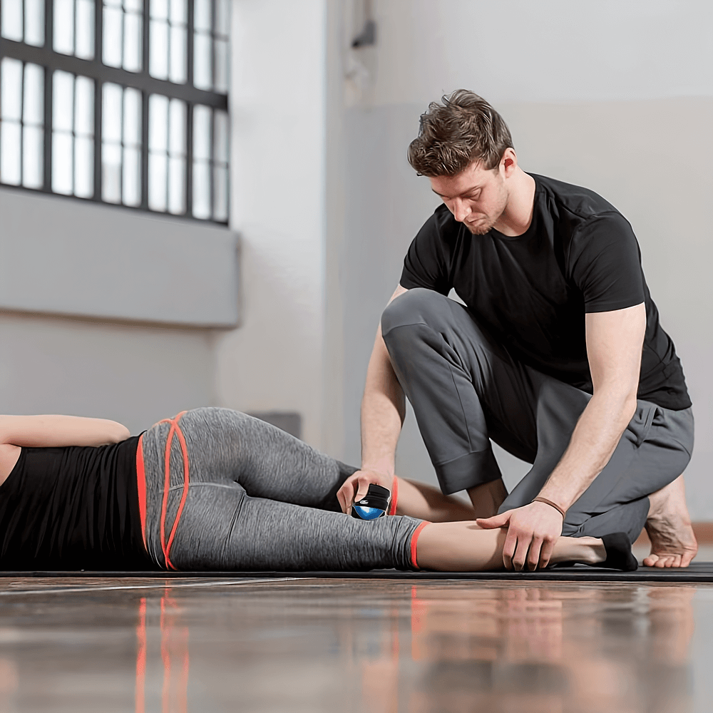 Man using handheld 360° rolling massage ball on woman's leg for muscle recovery and relaxation.