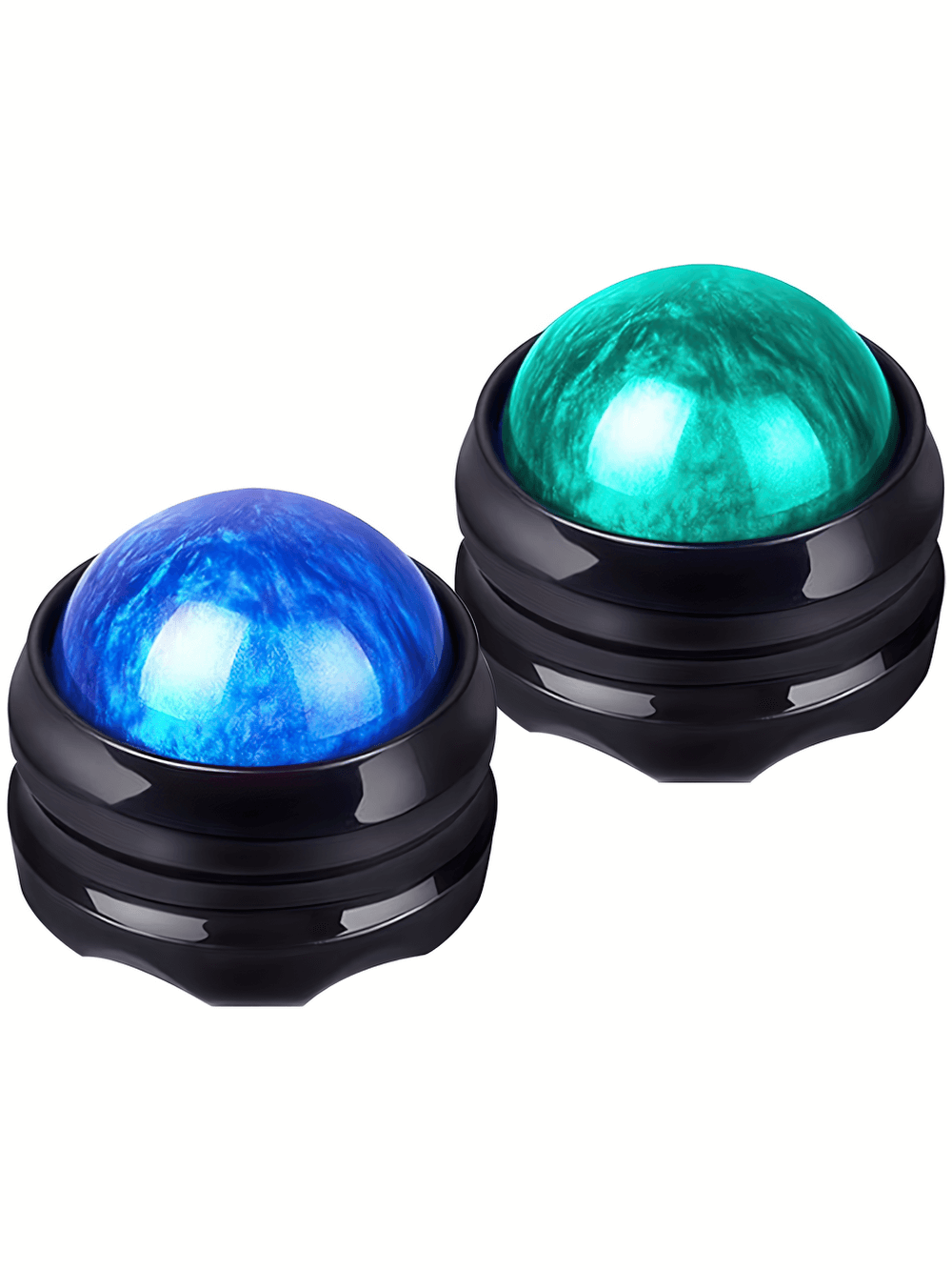 Portable 360° rolling massage balls in blue and green for muscle recovery and relaxation. Ergonomic design for easy use.