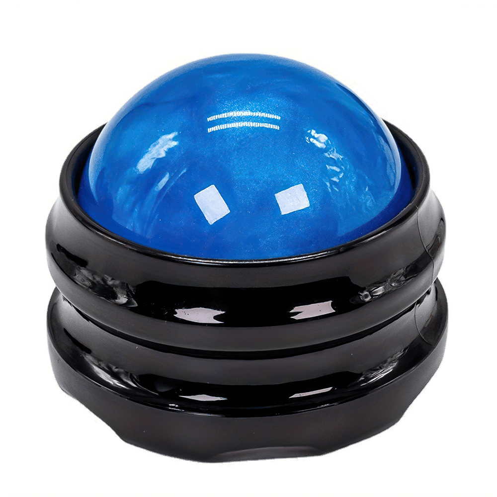 Portable handheld blue 360° rolling massage ball for muscle recovery and relaxation, featuring an ergonomic design and ABS durability.