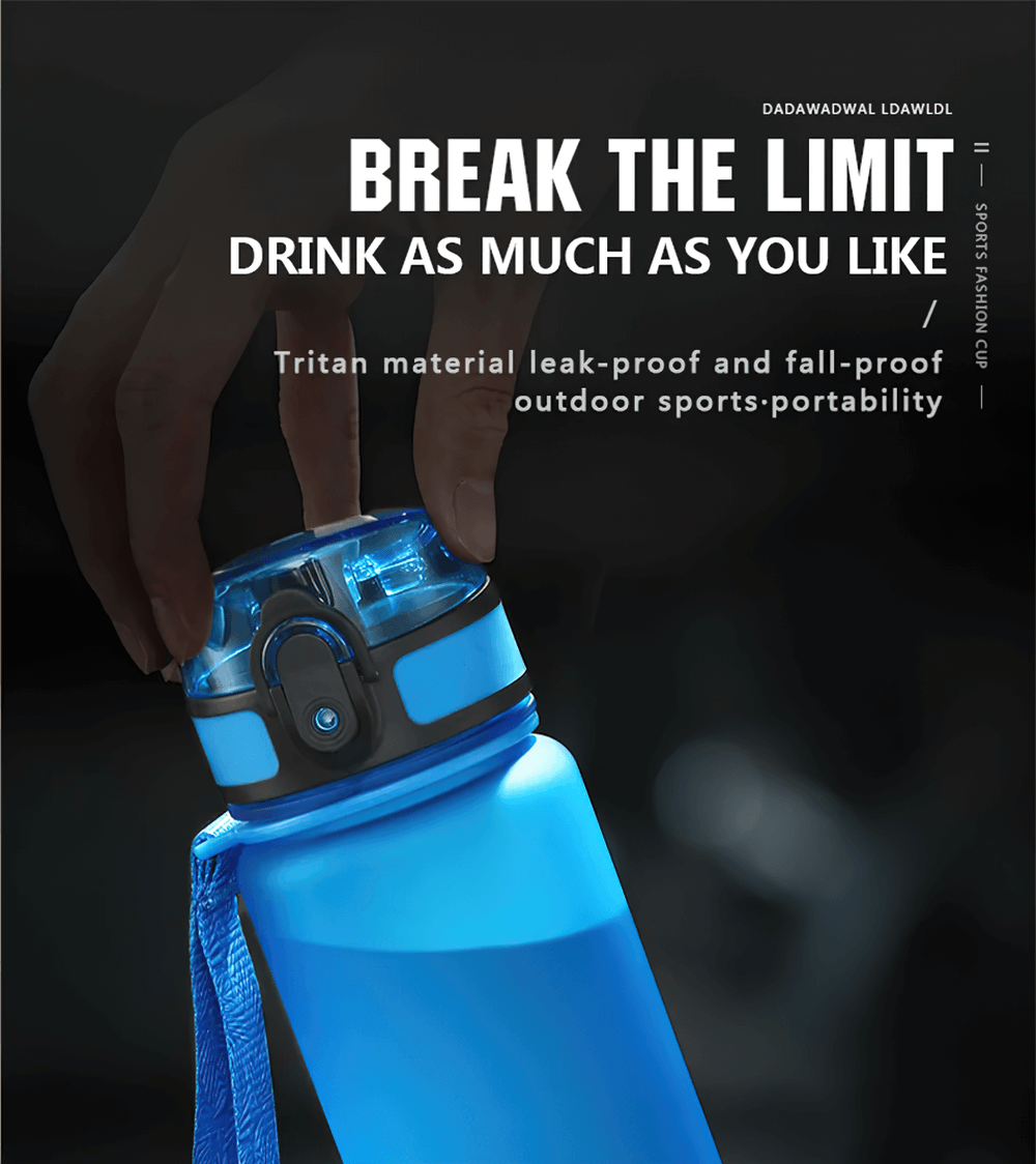 Portable Tritan sports water bottle with strap, featuring leak-proof and fall-proof design for outdoor activities. Easy-open lid included.