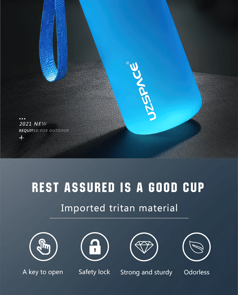 Portable Tritan sports water bottle with strap, easy-open lid, and safety lock. Durable and perfect for outdoor activities.