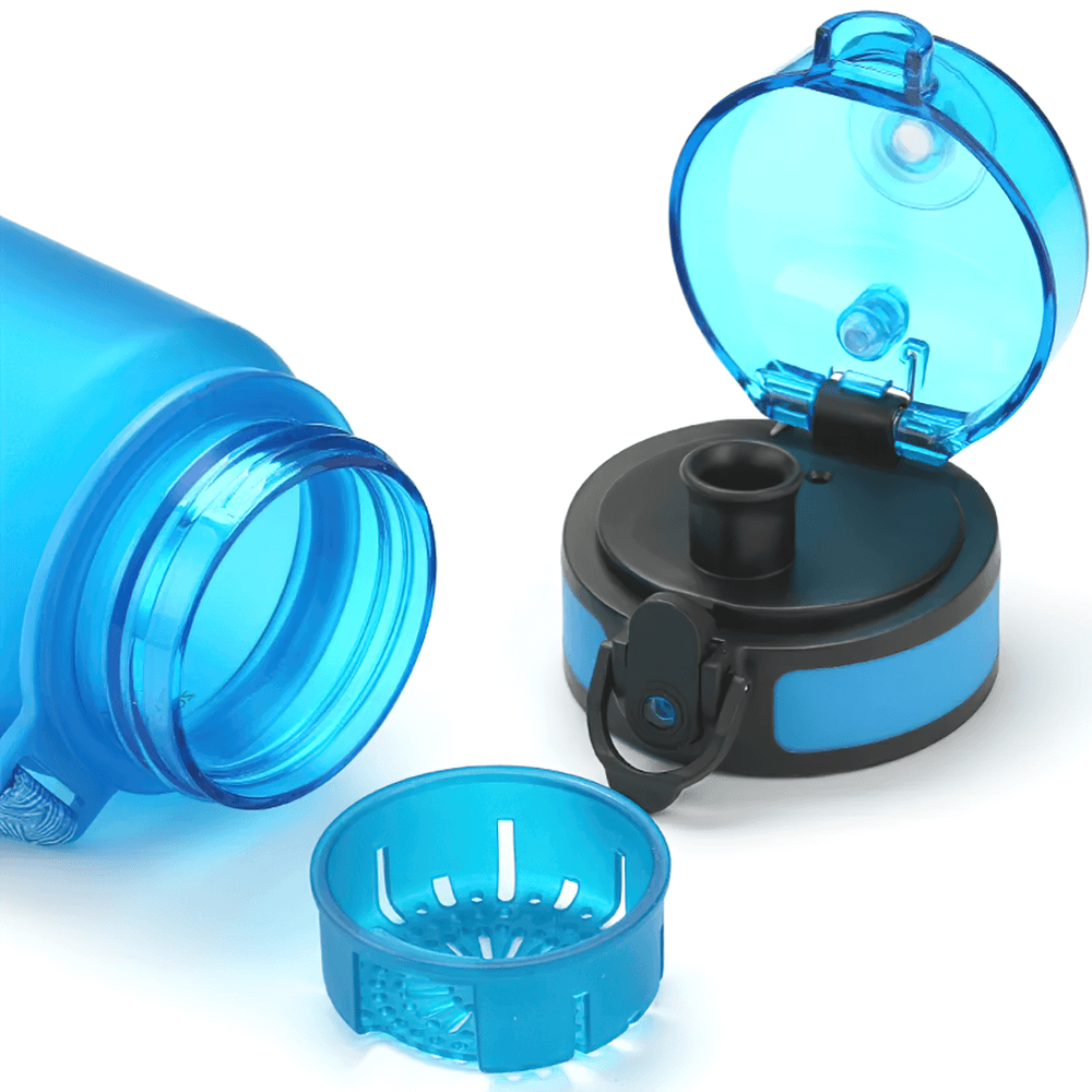 Portable blue Tritan sports water bottle with leak-proof lid and detachable strainer, ideal for outdoor activities.