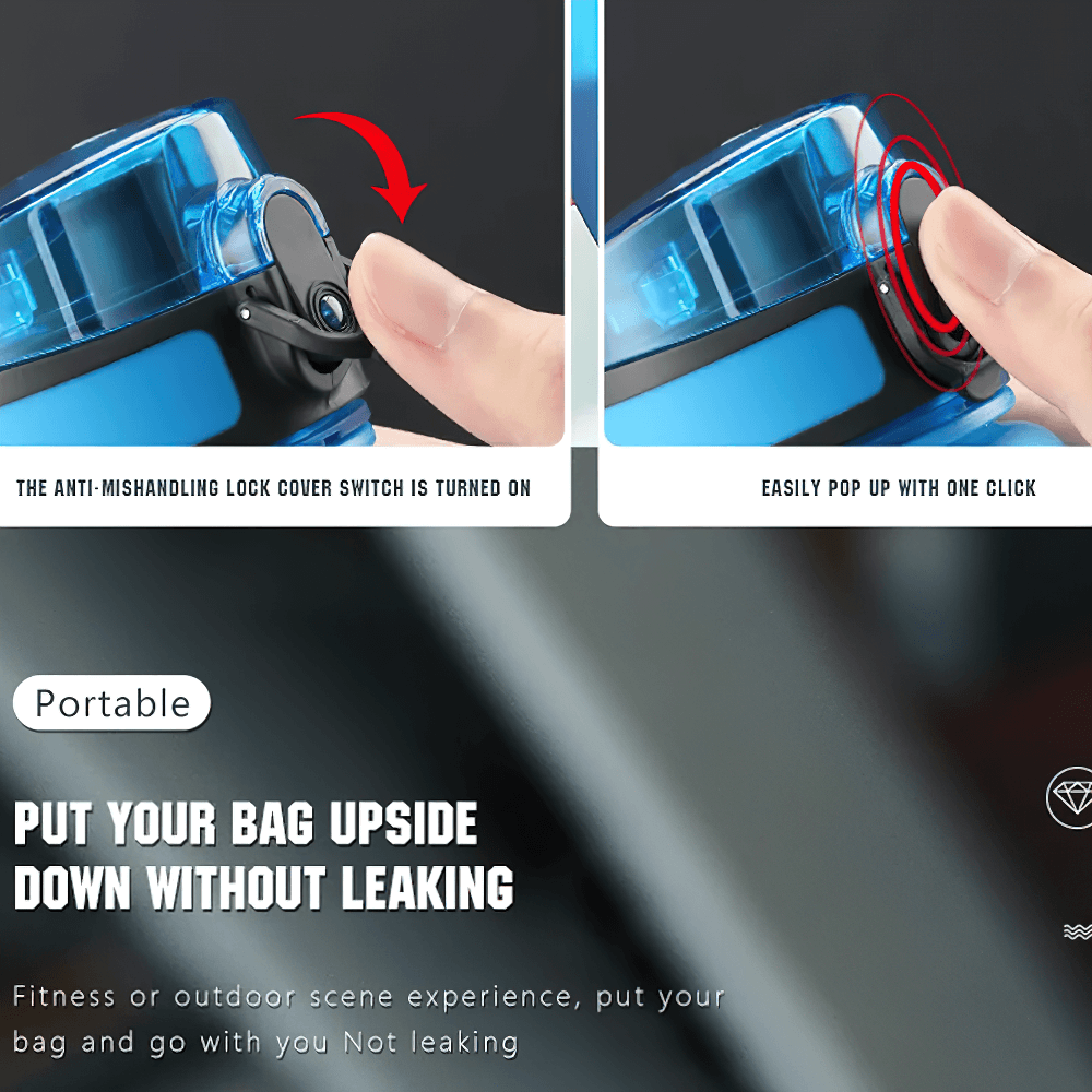 Close-up of a Tritan sports bottle with anti-mishandling lock and easy-open lid, showcasing its portable and leak-proof features.