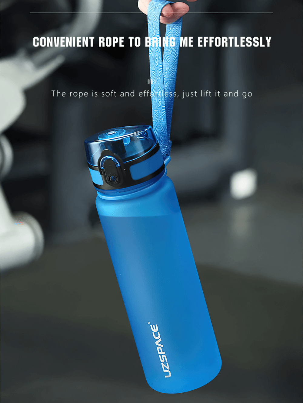 Portable blue Tritan sports water bottle with easy-open lid and detachable strap, leak-proof, ideal for outdoor activities.