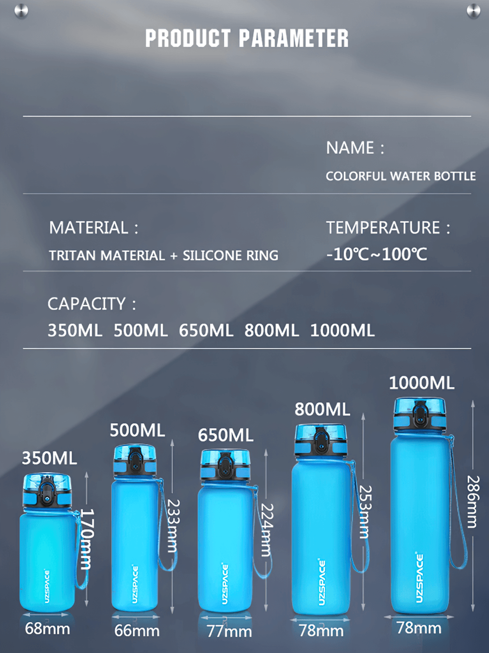 Size comparison of the Tritan leak-proof water bottle SF3068 with strap, available in 350ml, 500ml, 650ml, 800ml, and 1000ml.