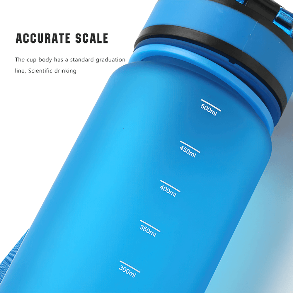Close-up of a blue portable sports water bottle with accurate scale markings, perfect for measuring hydration during outdoor activities.