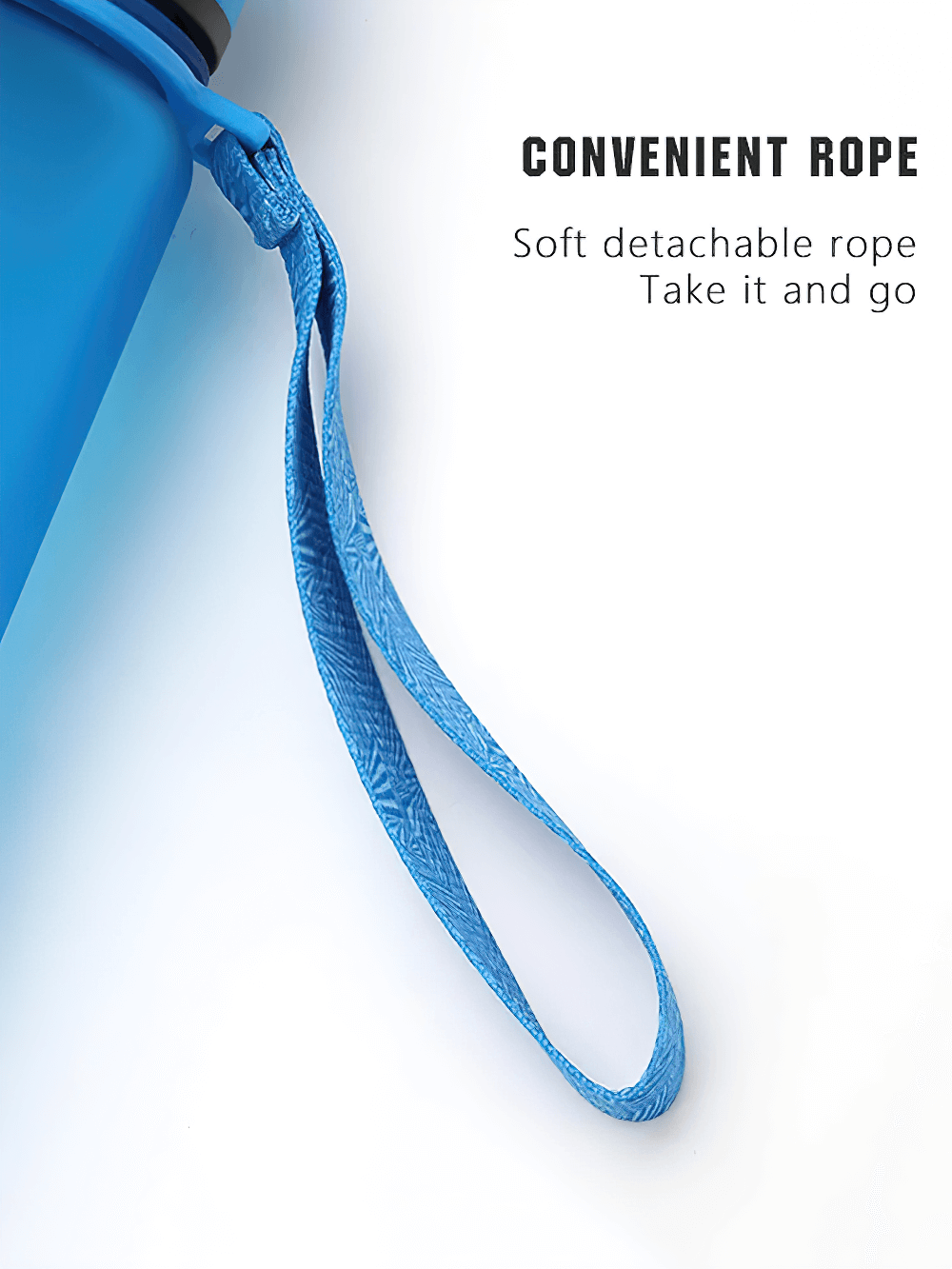 Close-up of a blue portable sports water bottle with a detachable strap, highlighting its convenient carrying feature.