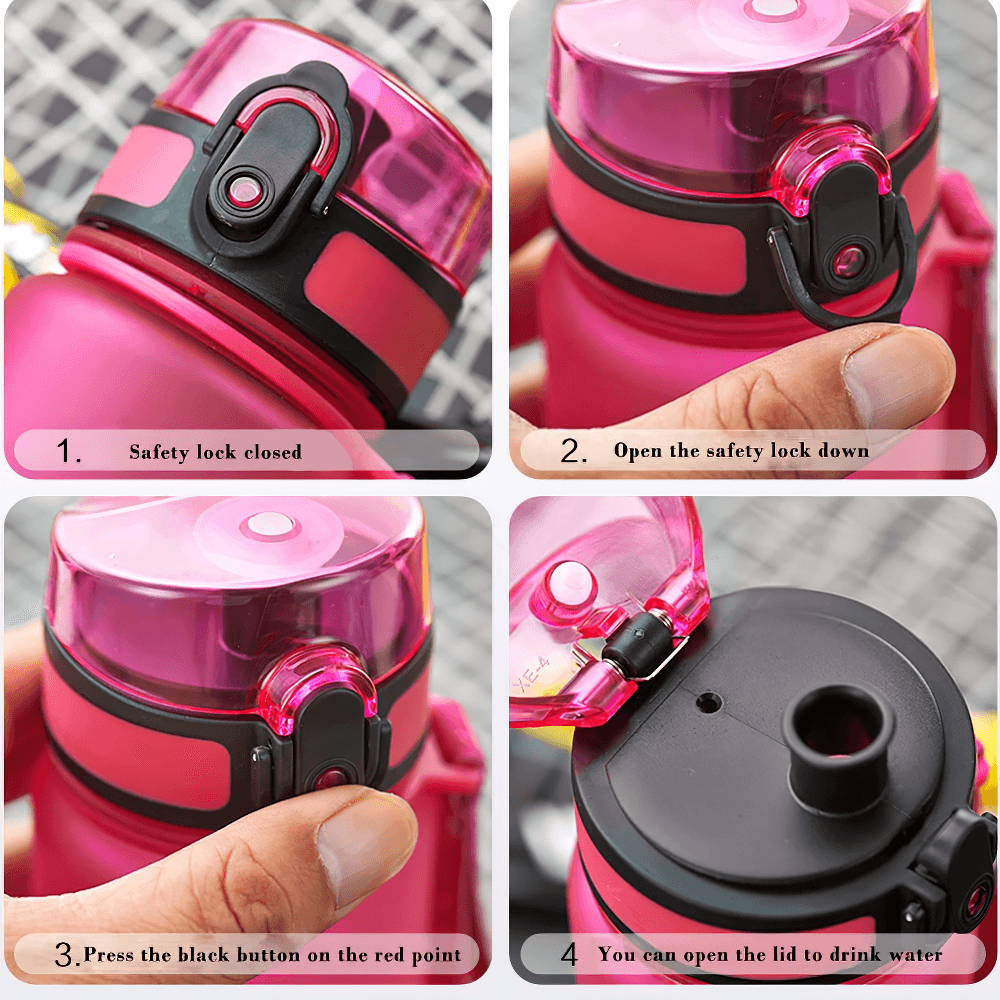 Step-by-step guide to using the safety lock on portable leak-proof sports water bottle with easy-open lid and strap.