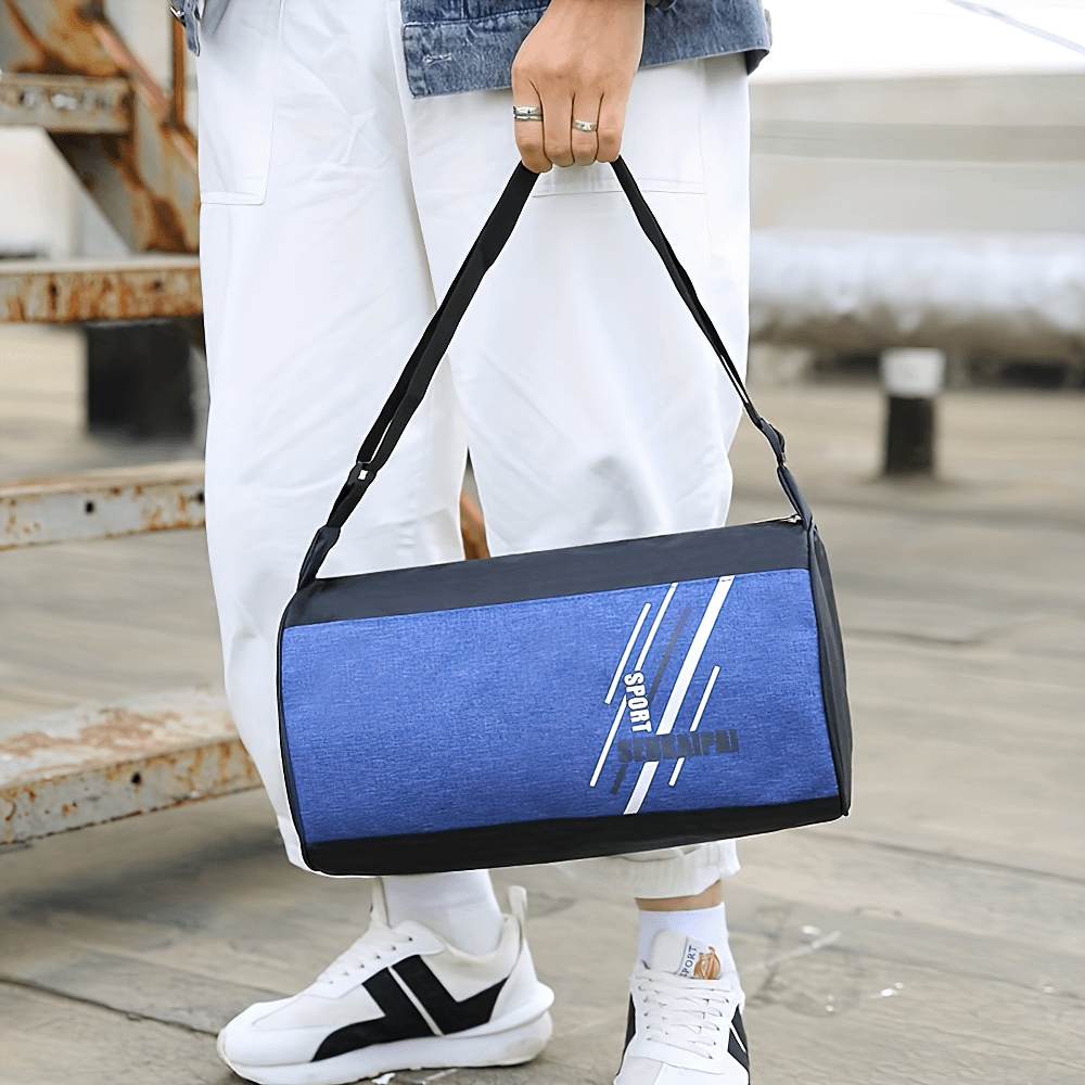 Person holding a blue Portable Sports Cylinder Bag with Adjustable Strap, perfect for travel and daily use, unisex design, SF2652.