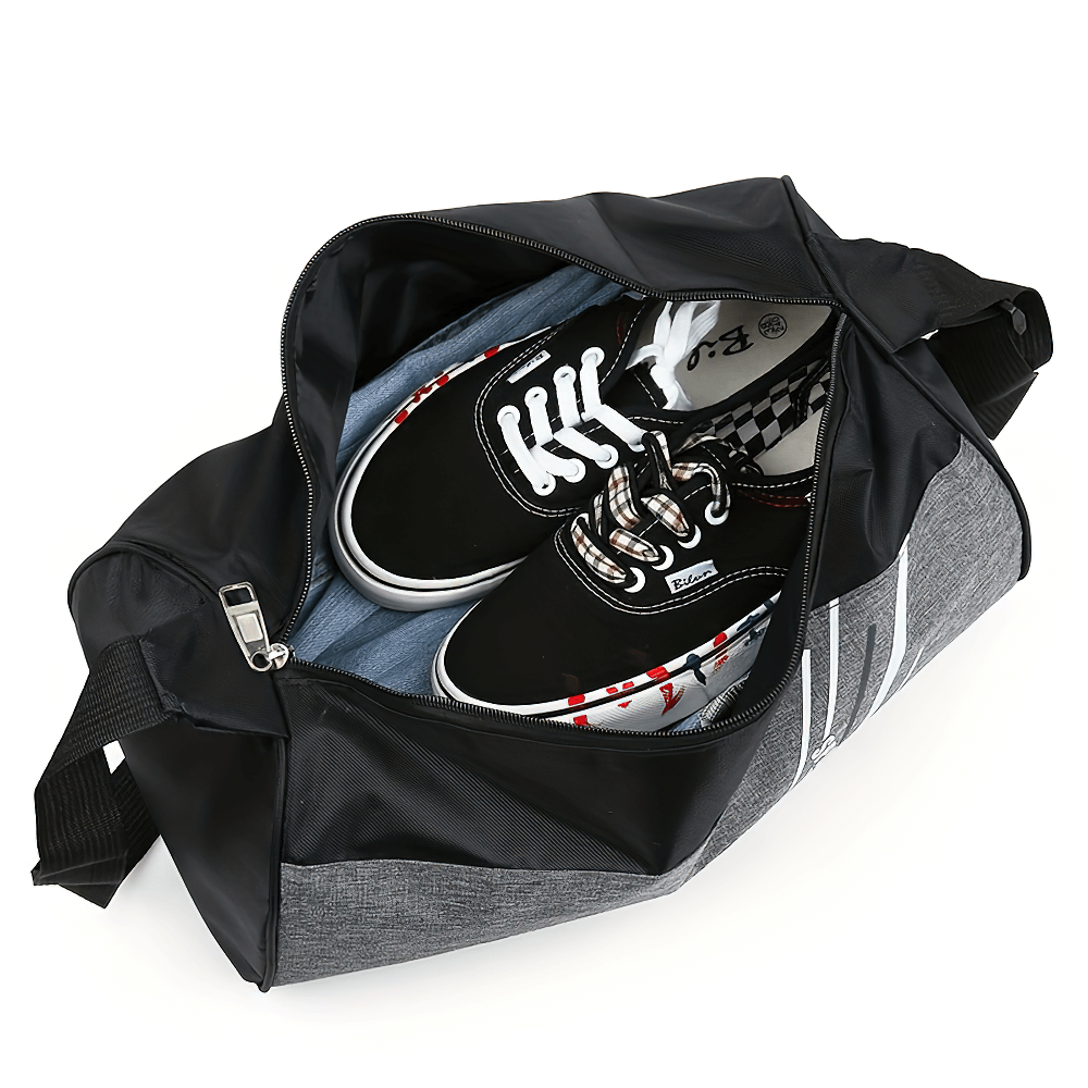 Black and gray sports cylinder bag with shoes inside and adjustable strap, perfect for travel and daily use, showcasing spacious interior.