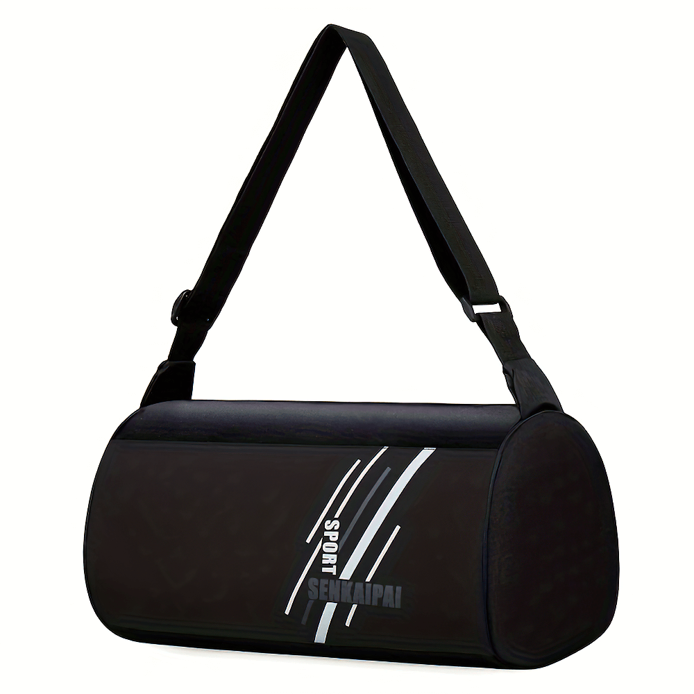 Trendy unisex black portable sports cylinder bag with adjustable strap, perfect for travel and daily use. Model: SF2652.