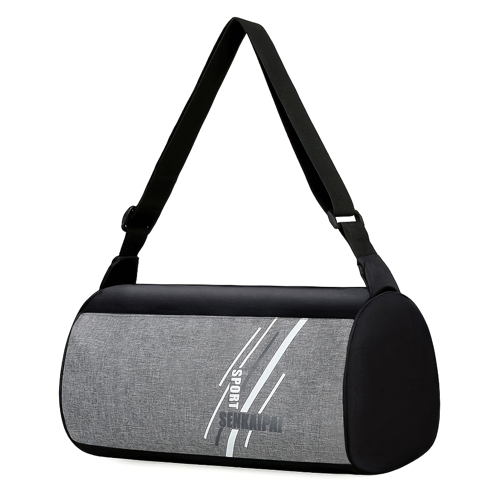 Trendy gray and black portable sports cylinder bag with adjustable strap, perfect for travel and daily use. Lightweight, stylish, unisex design.