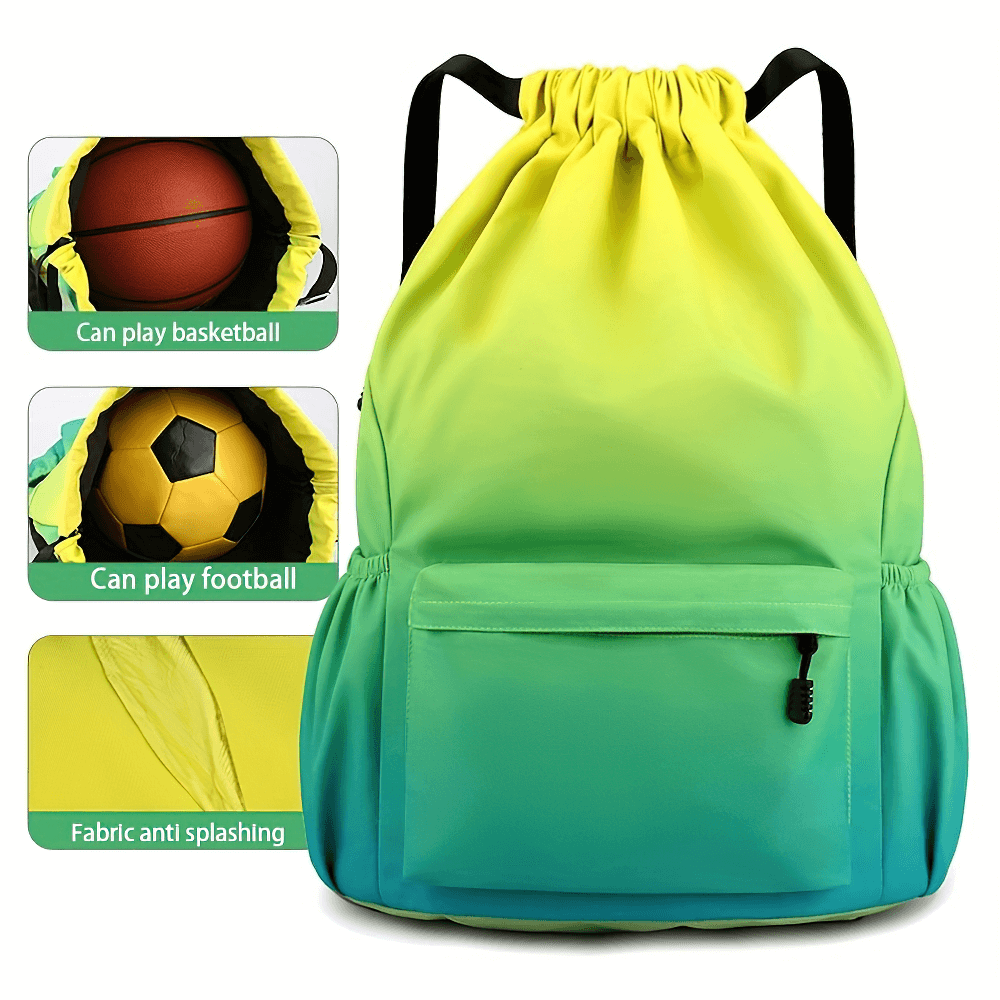 Portable rainbow drawstring sports backpack, large capacity for travel with anti-splash fabric, holds basketball and soccer ball.