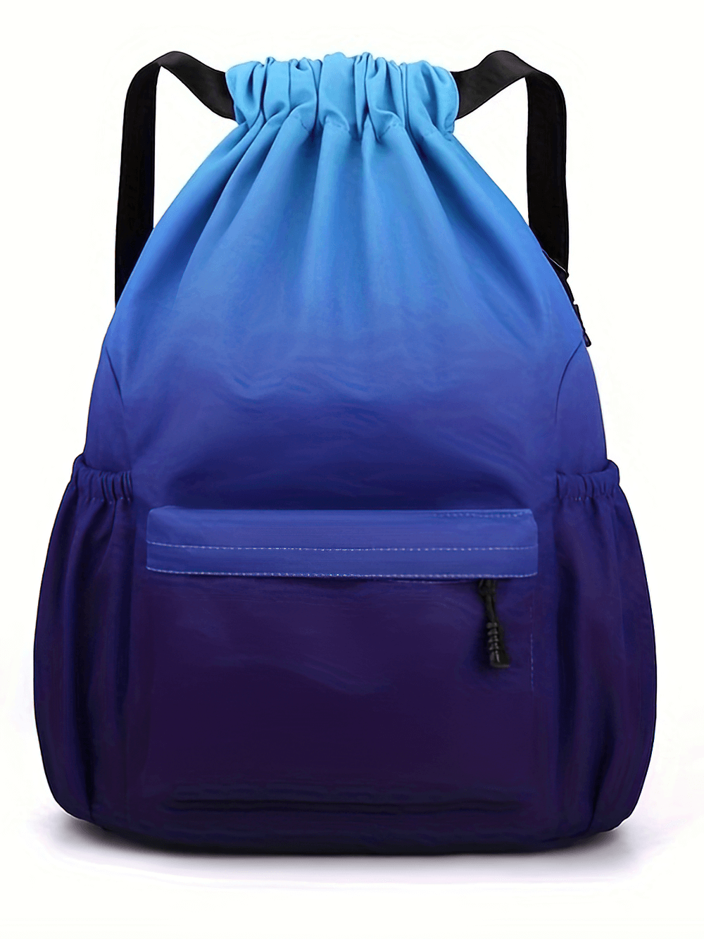 Portable blue gradient drawstring sports bag with large capacity for travel, featuring adjustable straps and front zipper pocket.