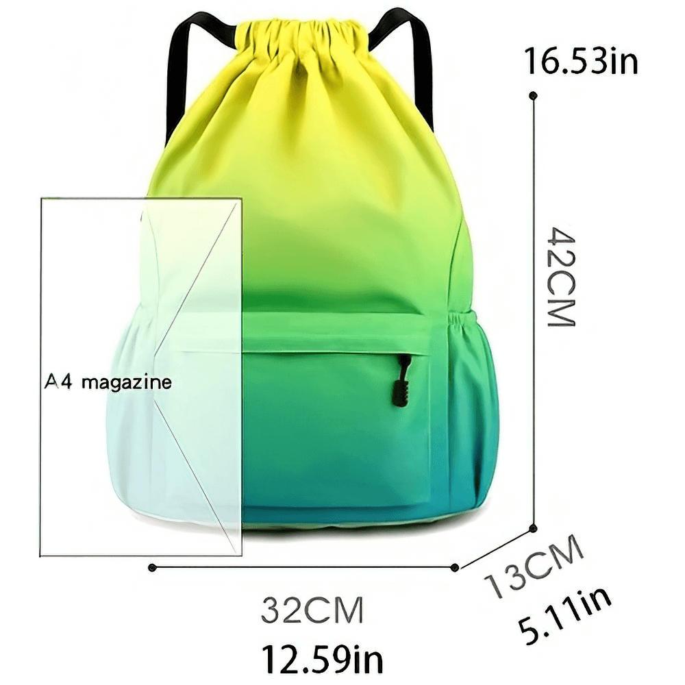 Rainbow design drawstring sports backpack with side pocket, measuring 42cm height, 32cm width, and 13cm depth, showing A4 fit.