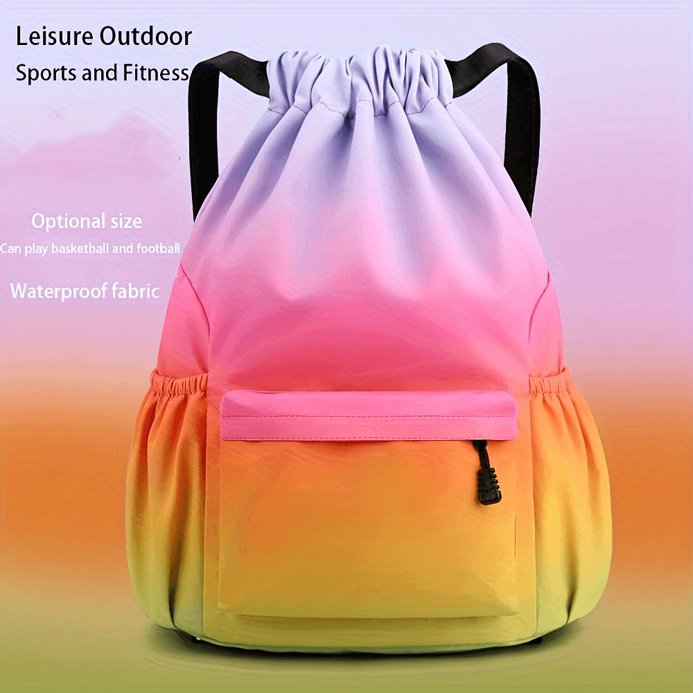 Colorful portable drawstring sports bag with large utility pocket, adjustable straps, and waterproof fabric. Perfect for travel and camping.