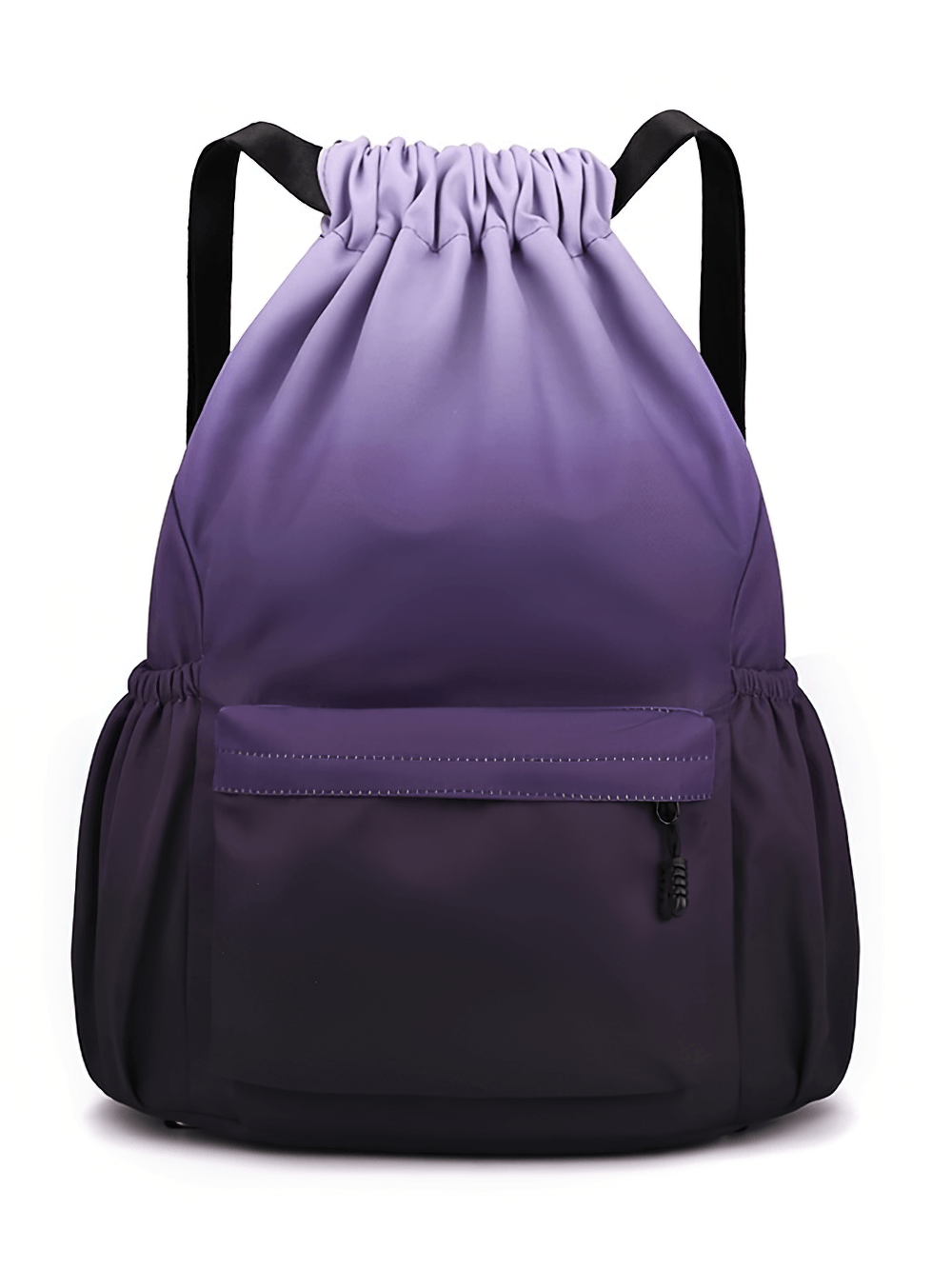 Purple drawstring sports backpack SF2653 with utility pocket, rainbow design, adjustable straps. Ideal for travel, men and women.