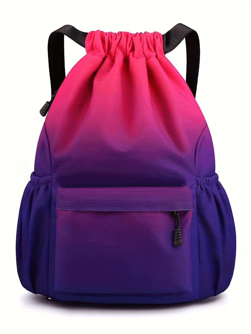 Vibrant drawstring sports backpack with rainbow gradient for travel and sports, featuring adjustable straps and utility pocket.