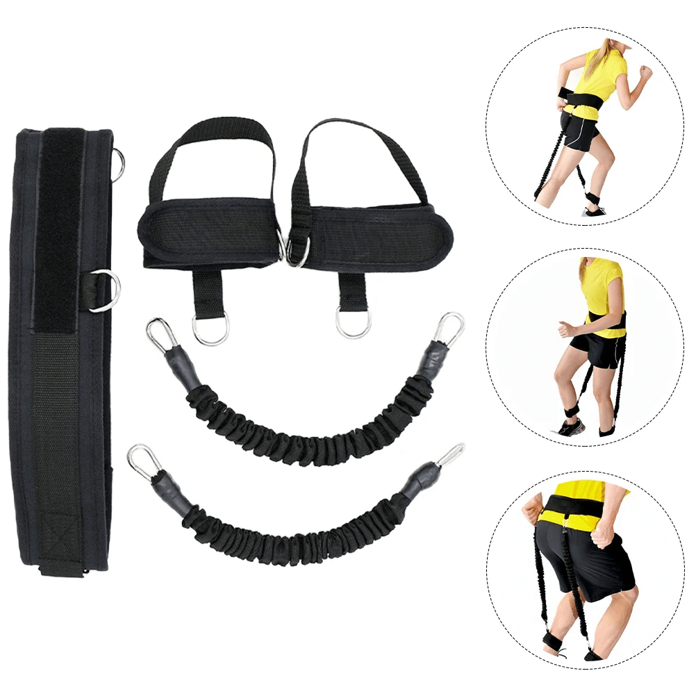 Portable tube resistance bands with adjustable ankle cuffs and waist belt for gym workouts, targeting legs, hips, and core.