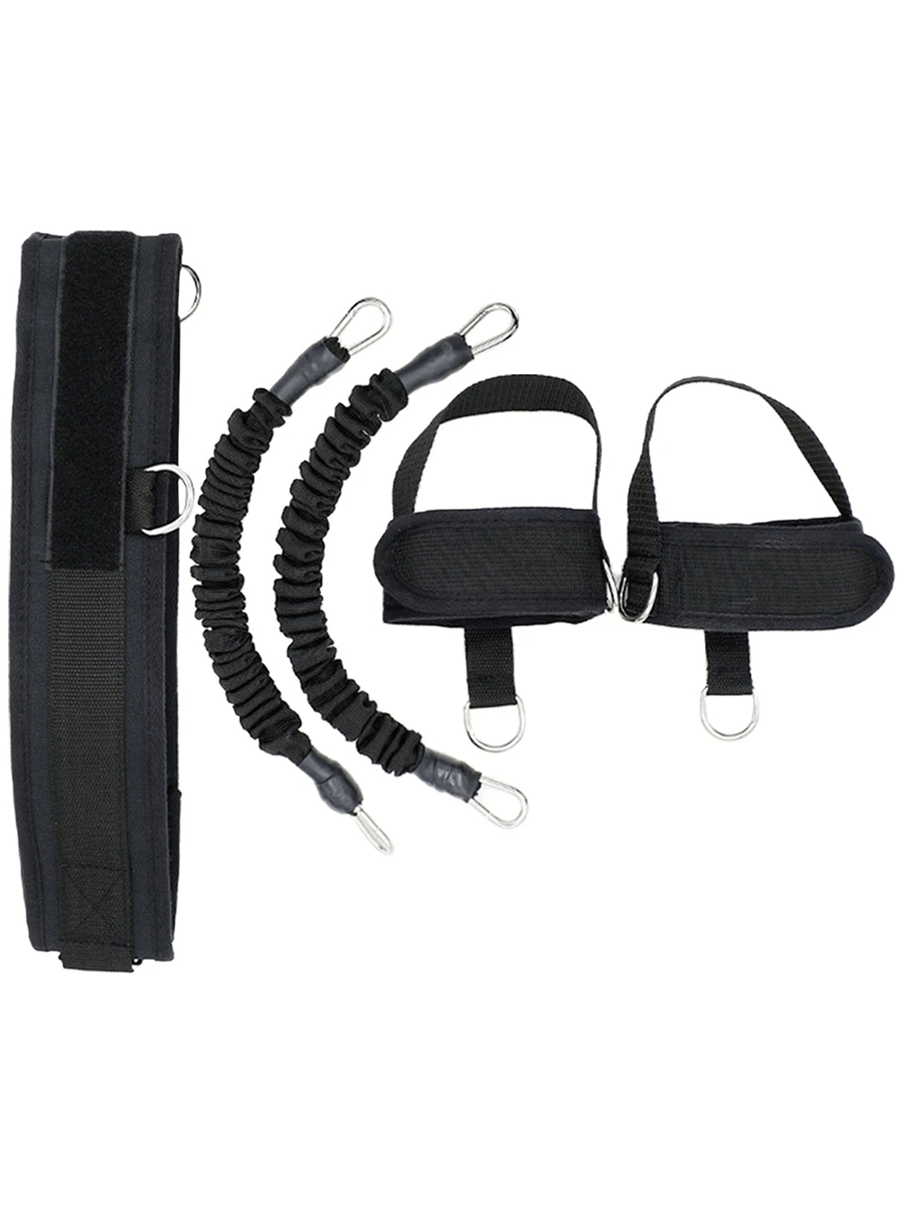 Portable resistance bands set with adjustable ankle cuffs and waist belt for gym workouts, targeting legs, hips, and core strength.