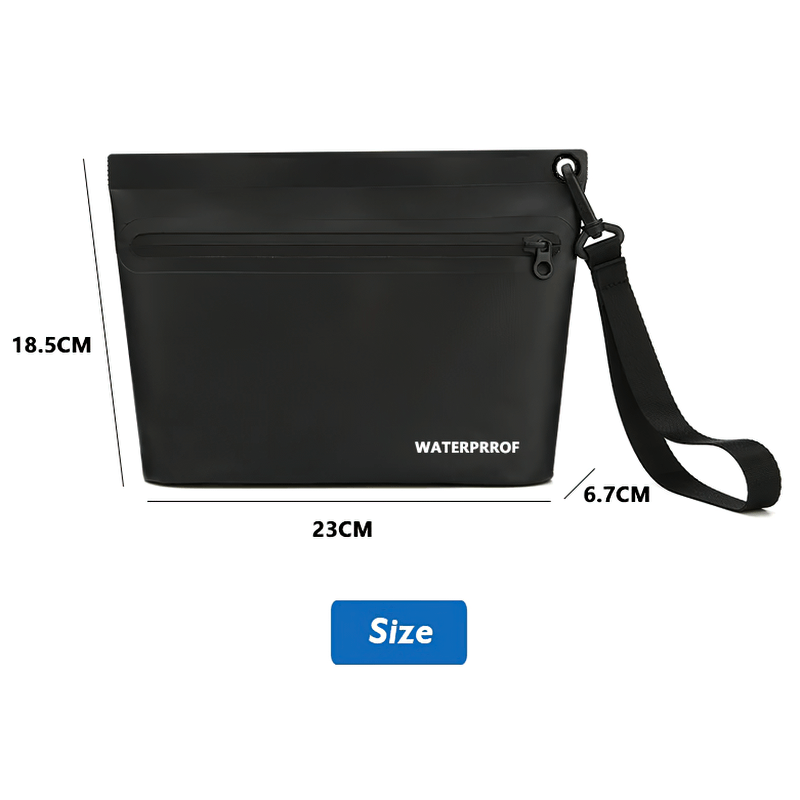 Black waterproof PVC swim bag with zip closure and strap, 23cm x 18.5cm x 6.7cm, ideal for beach or poolside use.