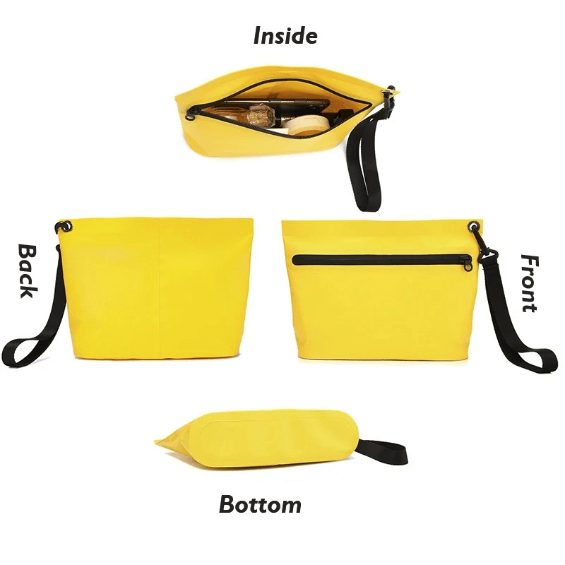 Portable Waterproof Yellow Swim Bag SF1622 with Zip Closure, showcasing front, back, bottom, and inside compartments.