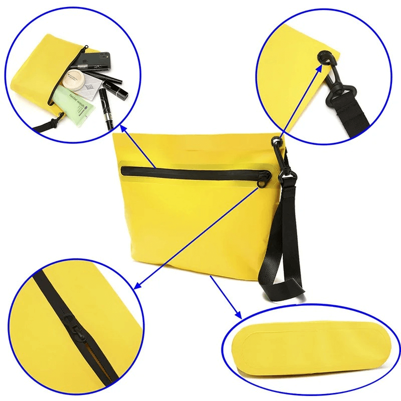Yellow waterproof PVC swim bag with zip closure, featuring storage compartments, strap details, and secure zipper for swimming gear.