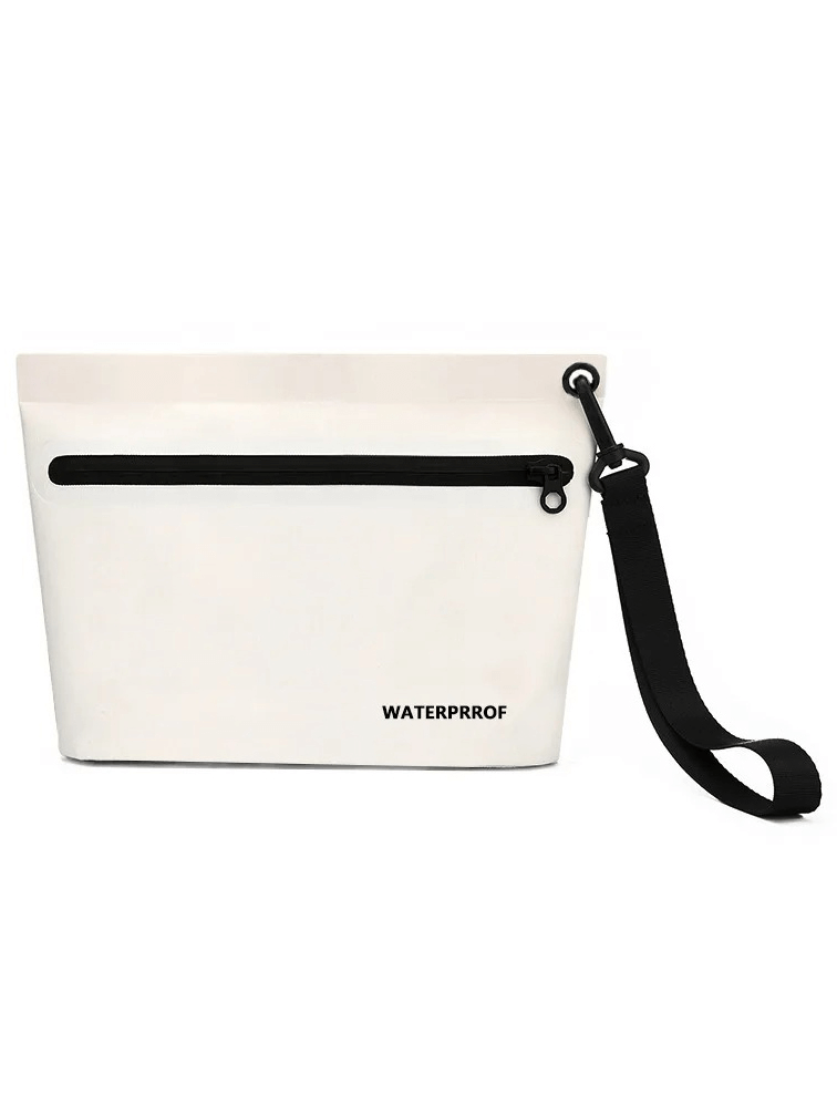 Portable waterproof swim bag with zip closure and sleek design, perfect for swimming and beach activities, keeping essentials dry.