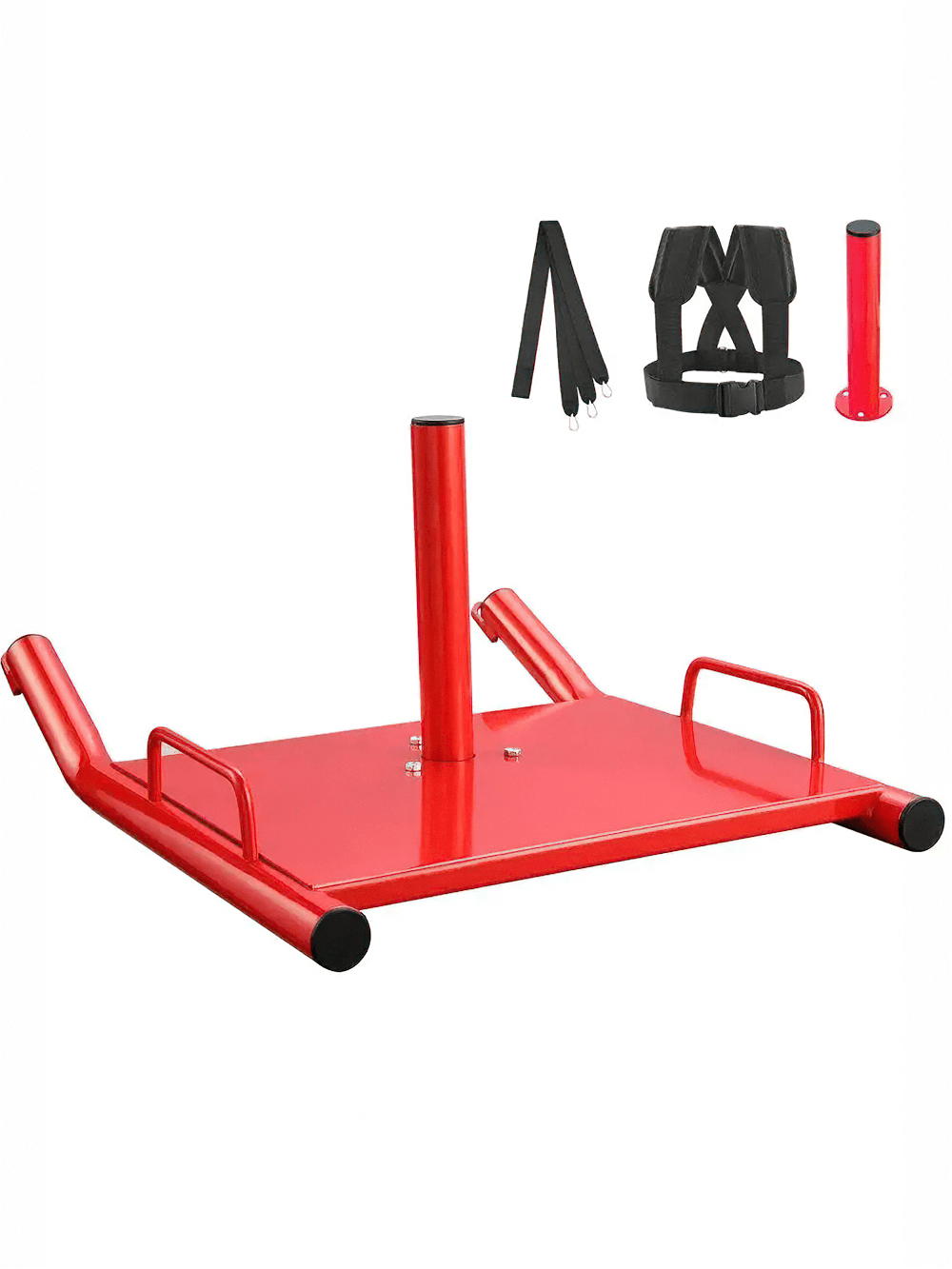 Red power sled for strength training with harness and weight holder, ideal for resistance workouts and sprint drills.