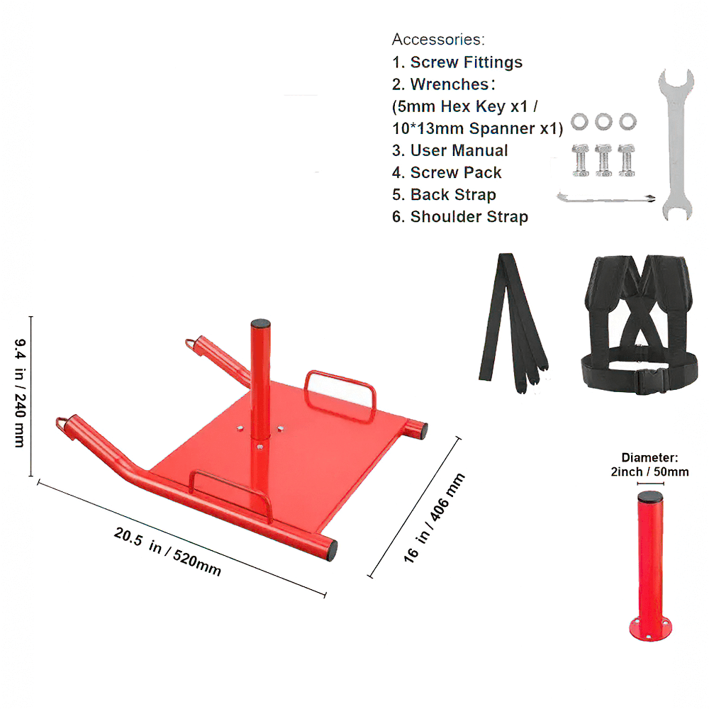 Red power sled with harness for strength training and sprint exercises, includes accessories like wrenches and screws for setup.