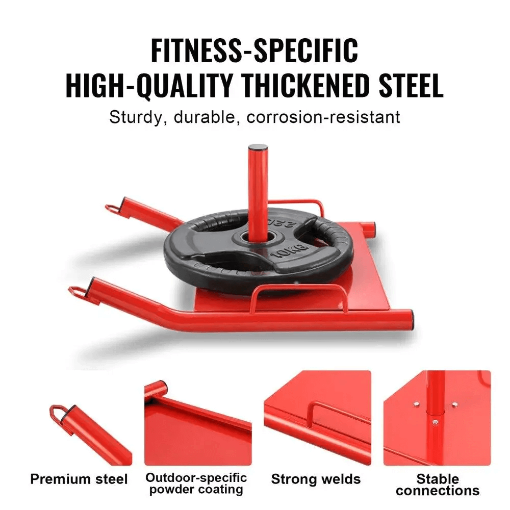 Red power sled with steel plate holder, ideal for strength and speed training. Features durable construction and premium fitness design.