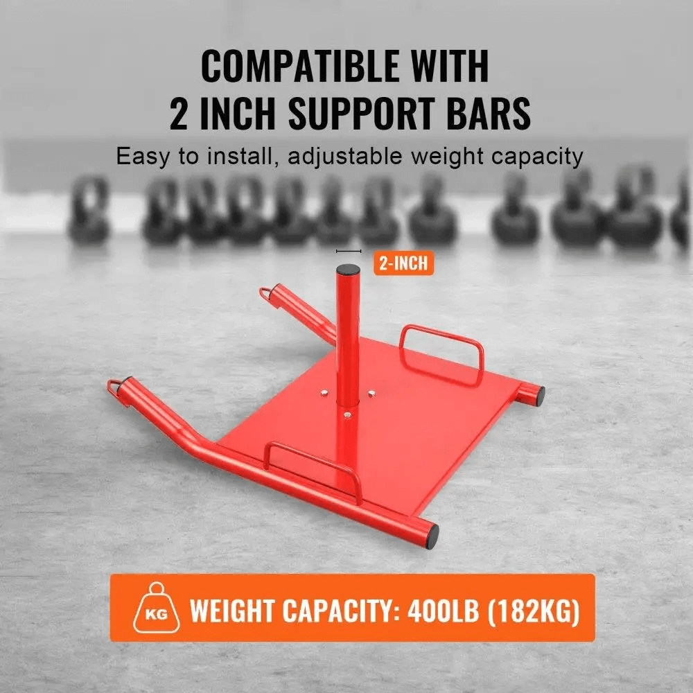 Red power sled for strength training with 2-inch support bars, 400lb capacity. Ideal for sprint drills and weight resistance workouts.