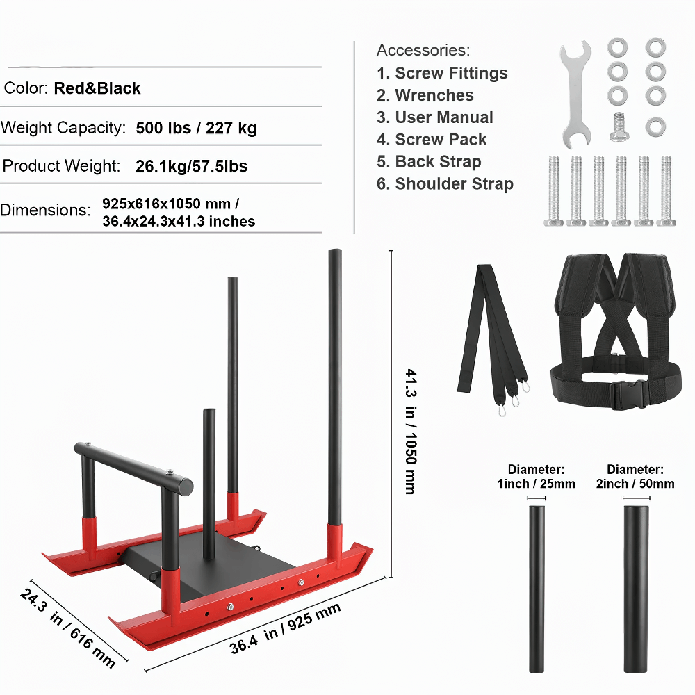 Power Training Sled SF3301 with harness, straps, and accessories. Max weight capacity 500 lbs. Dimensions: 36.4x24.3x41.3 inches.