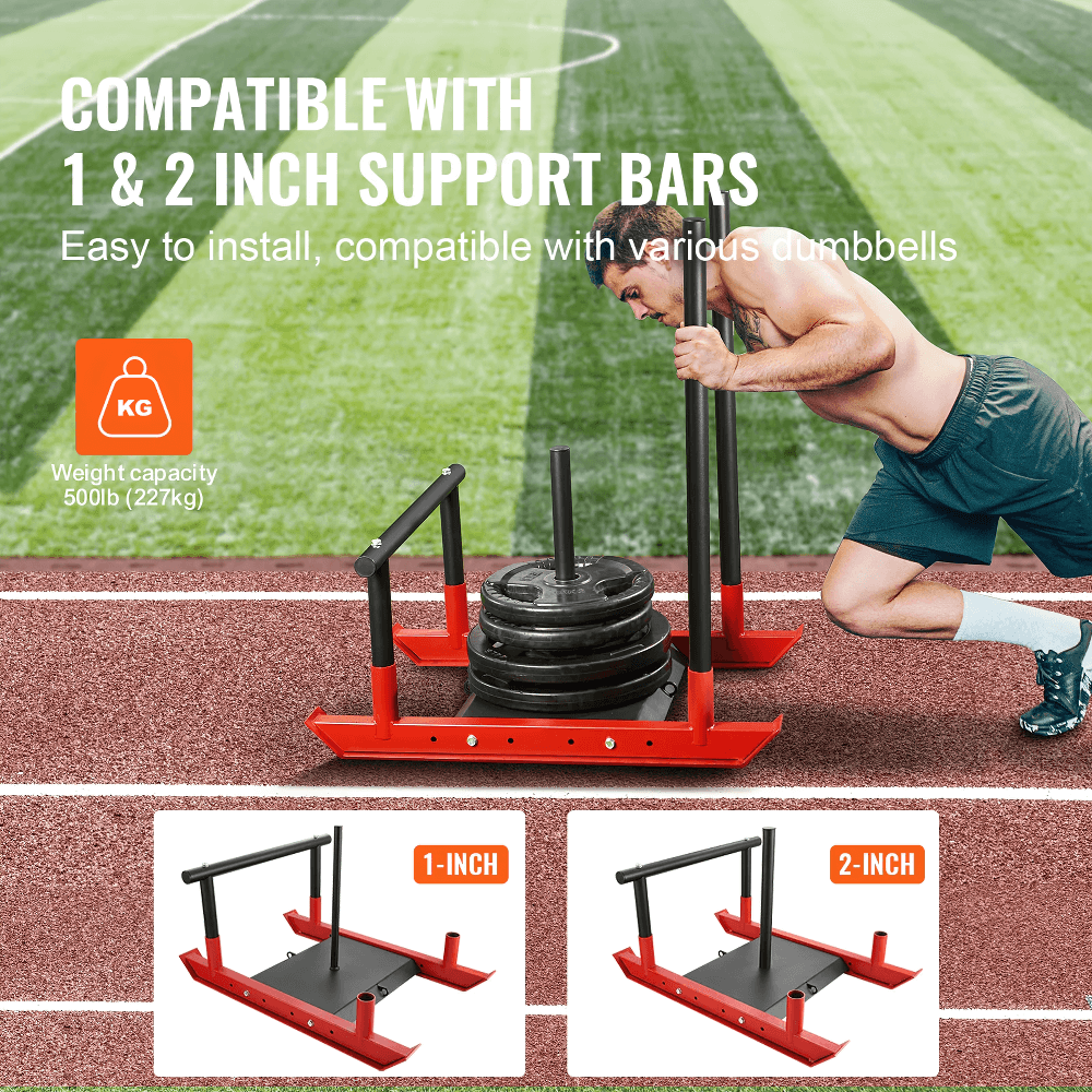 Man pushing Power Training Sled SF3301 on track with weight plates, featuring 1 and 2-inch support bars for versatile workouts.