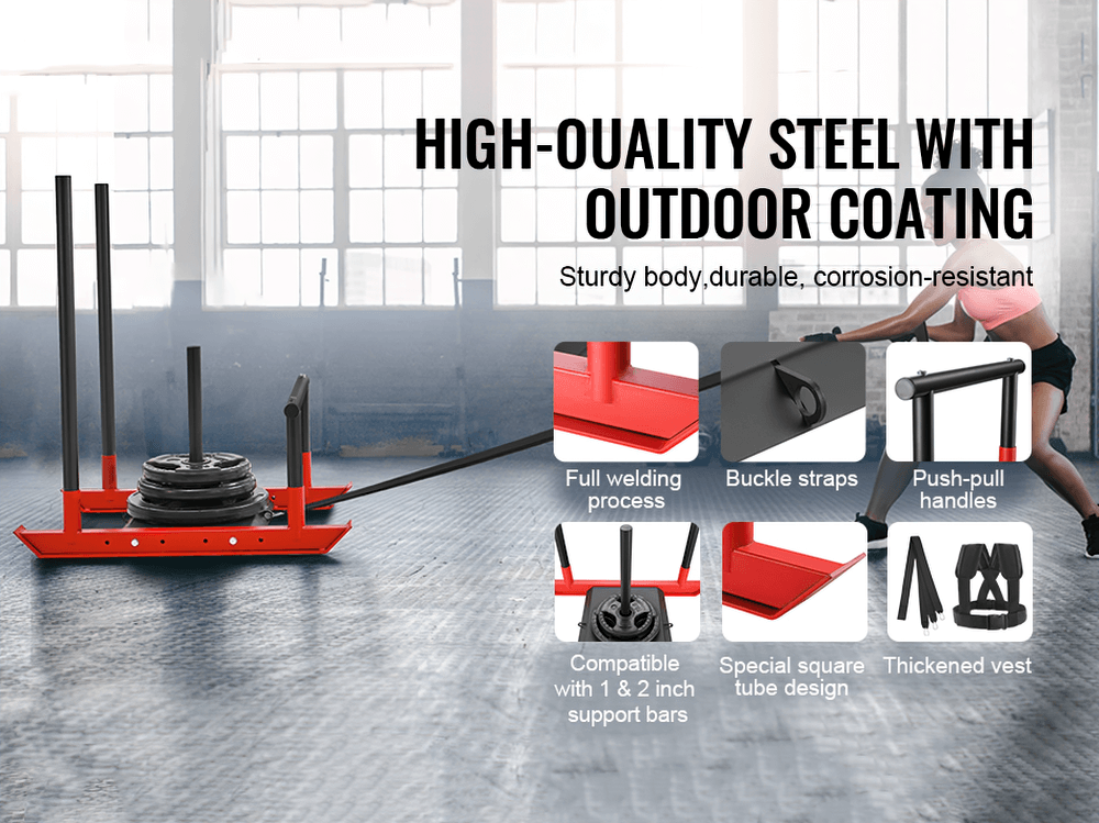 Power training sled SF3301 in a gym setting with high-quality steel, harness, and straps for speed and resistance workouts.