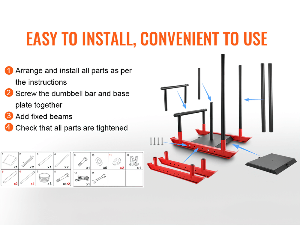 Assembly instructions for Power Training Sled showing components and steps to install, emphasizing ease of installation.